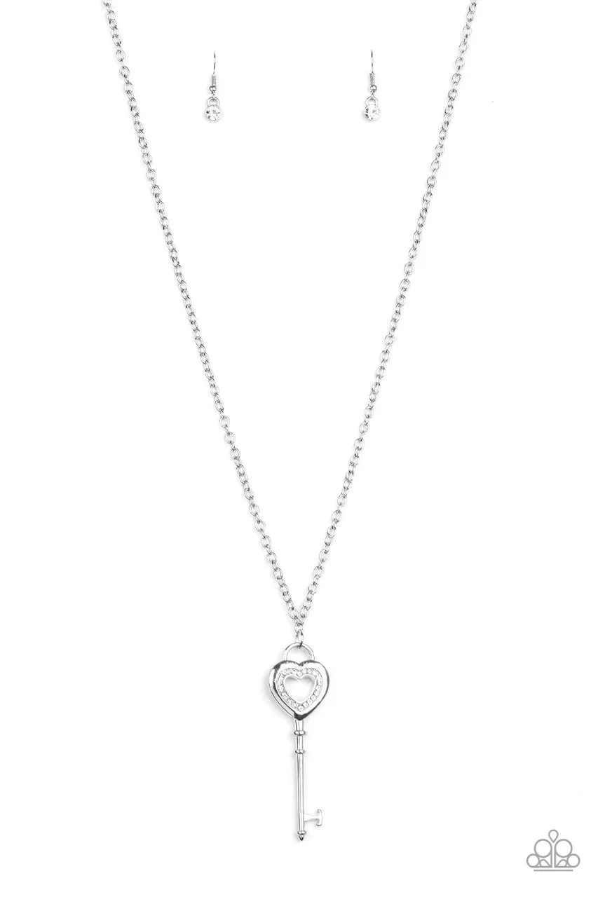 Unlock Your Heart - White - Rhinestone Heart Key Paparazzi Long Necklace