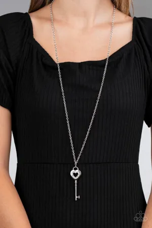 Unlock Your Heart - White - Rhinestone Heart Key Paparazzi Long Necklace