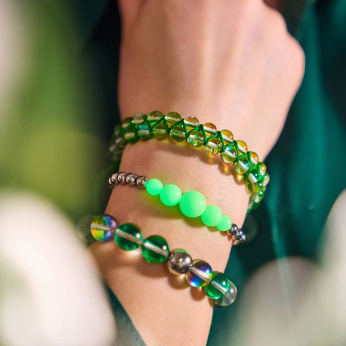 Verdant Moon | Silver | Double Galaxy Glass Bracelet