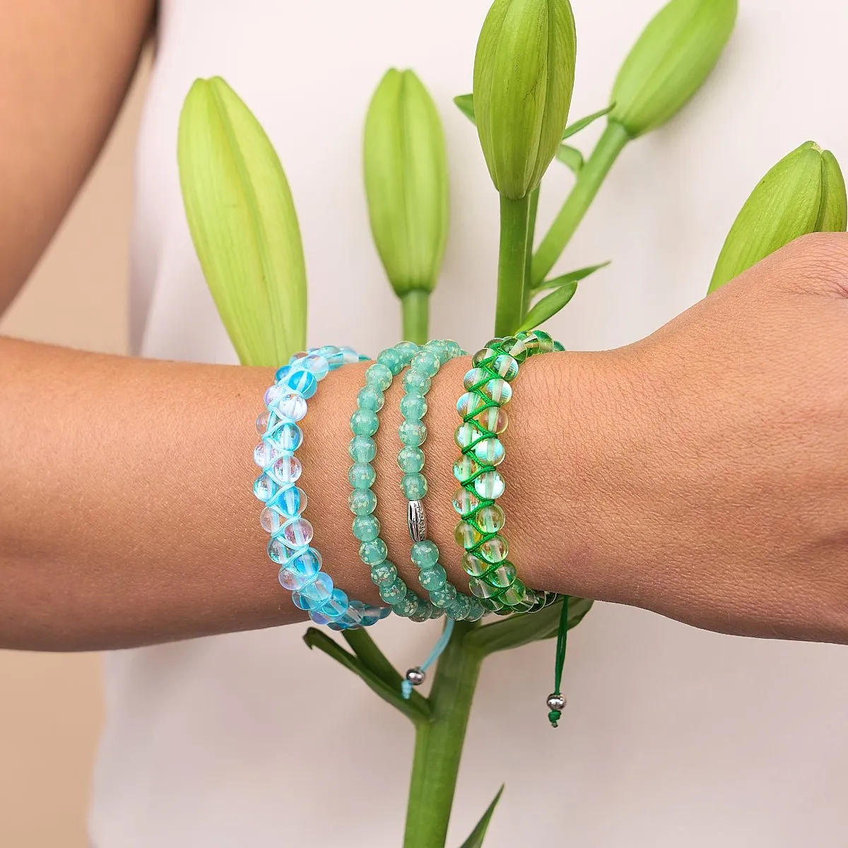 Verdant Moon | Silver | Double Galaxy Glass Bracelet
