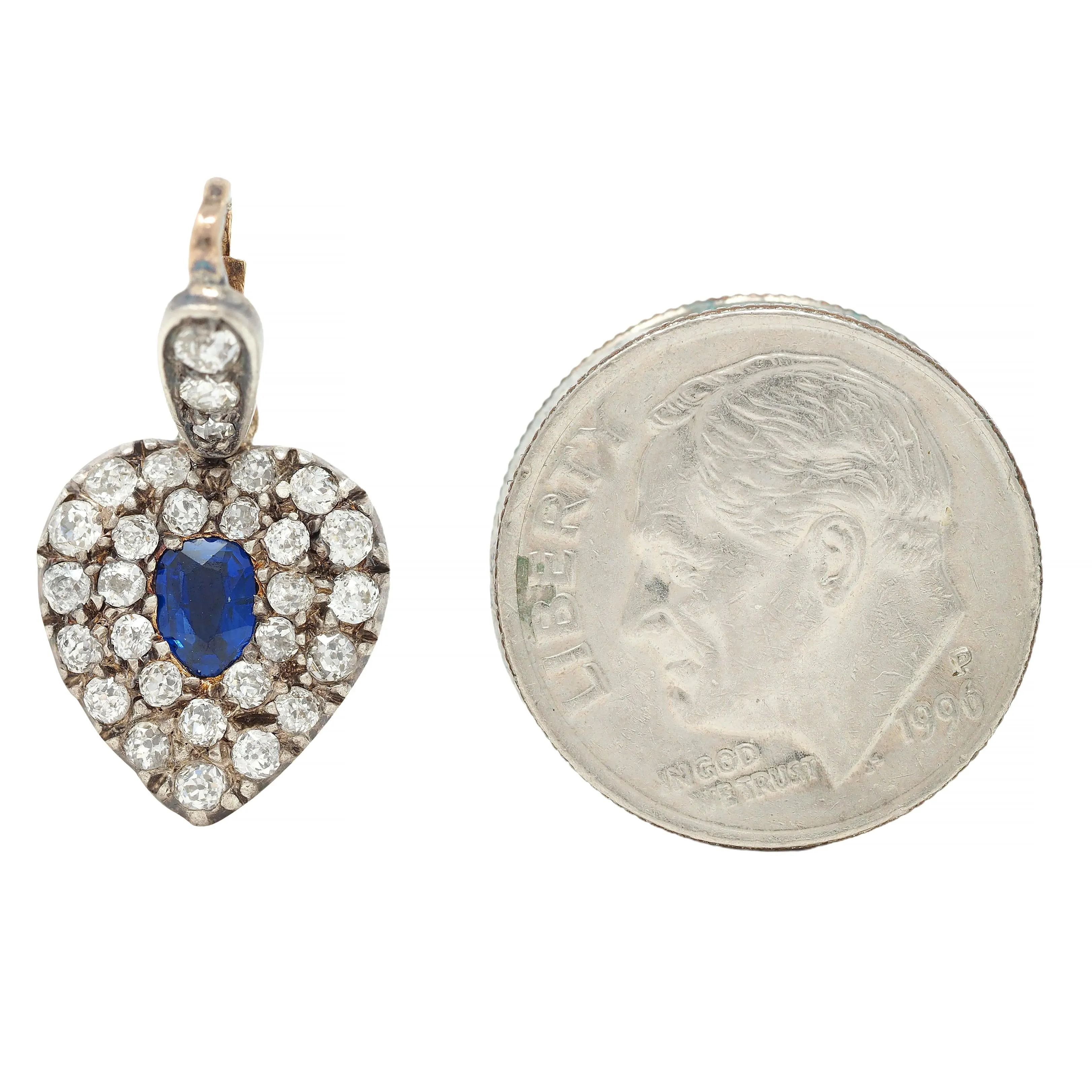 Victorian 0.95 CTW Sapphire Diamond Silver 14 Karat Gold Antique Heart Pendant