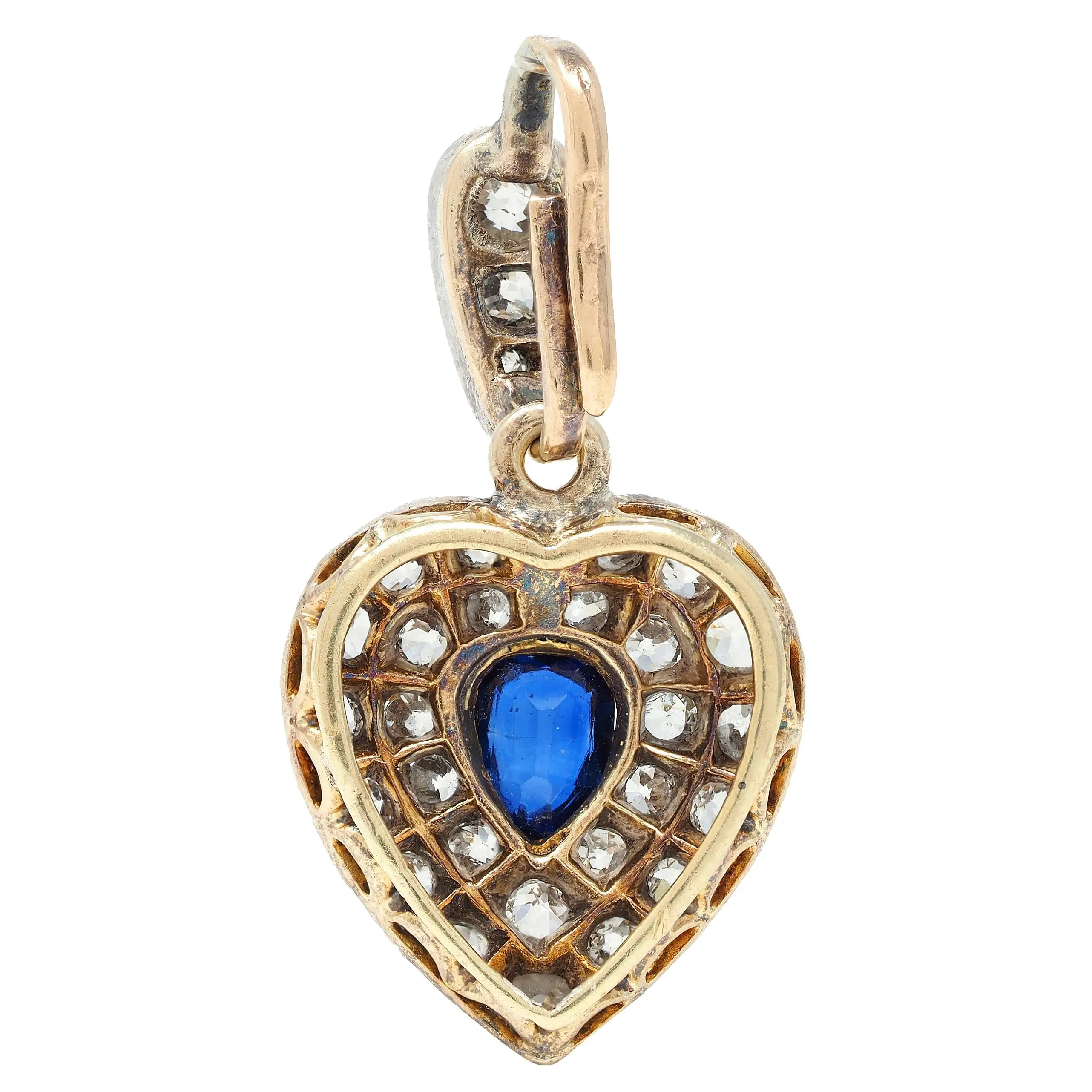 Victorian 0.95 CTW Sapphire Diamond Silver 14 Karat Gold Antique Heart Pendant