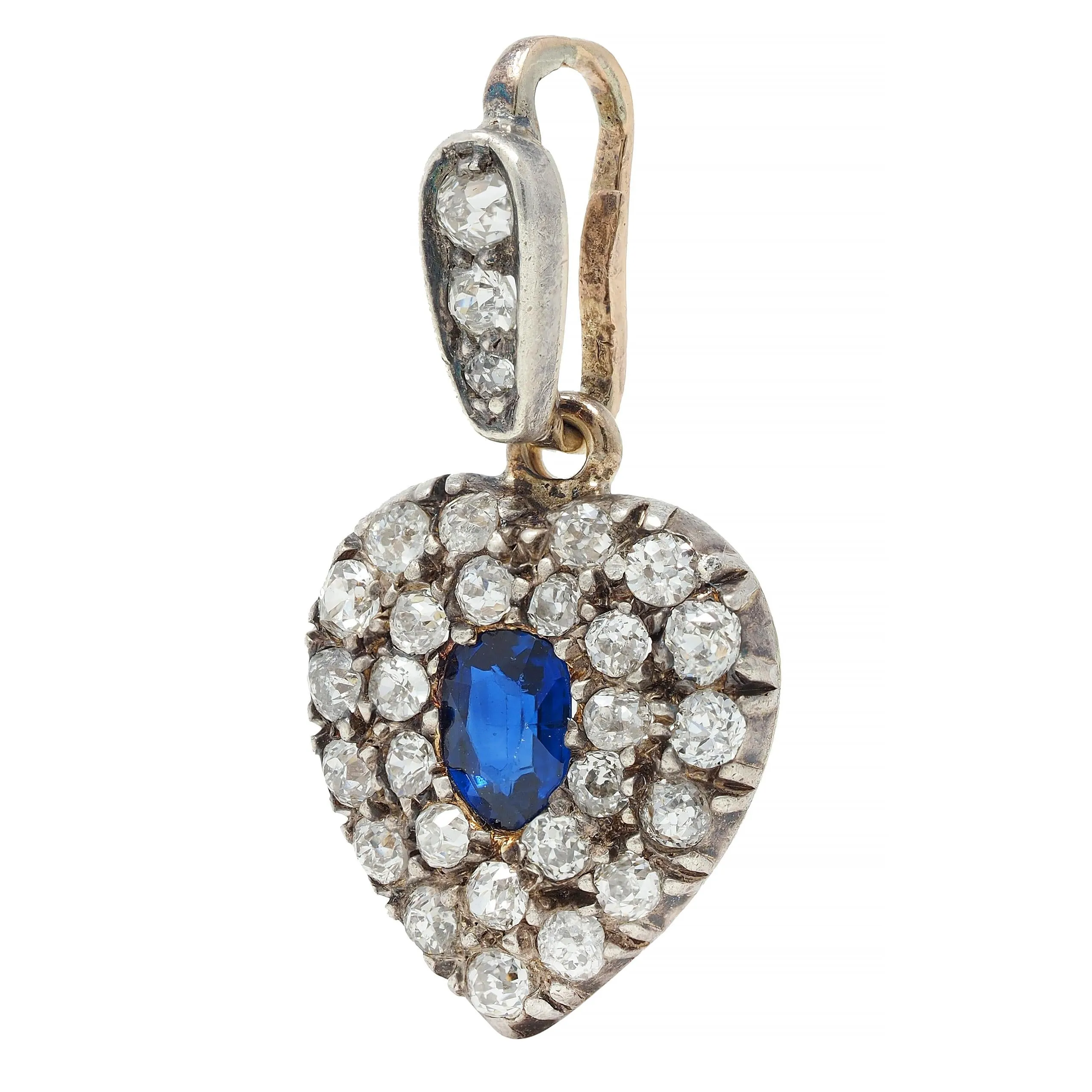 Victorian 0.95 CTW Sapphire Diamond Silver 14 Karat Gold Antique Heart Pendant