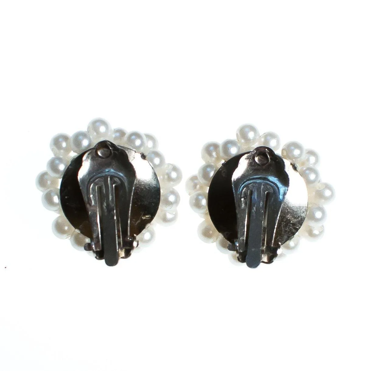 Vintage 1950s Made in Japan White Seed Pearl Cluster Earrings, Faux Pearls, Clip-on