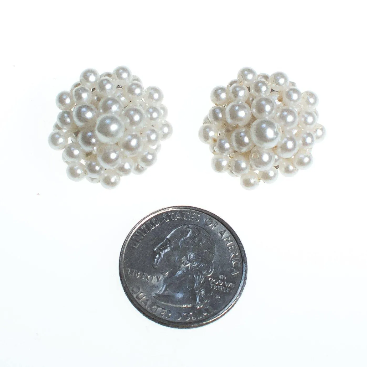 Vintage 1950s Made in Japan White Seed Pearl Cluster Earrings, Faux Pearls, Clip-on