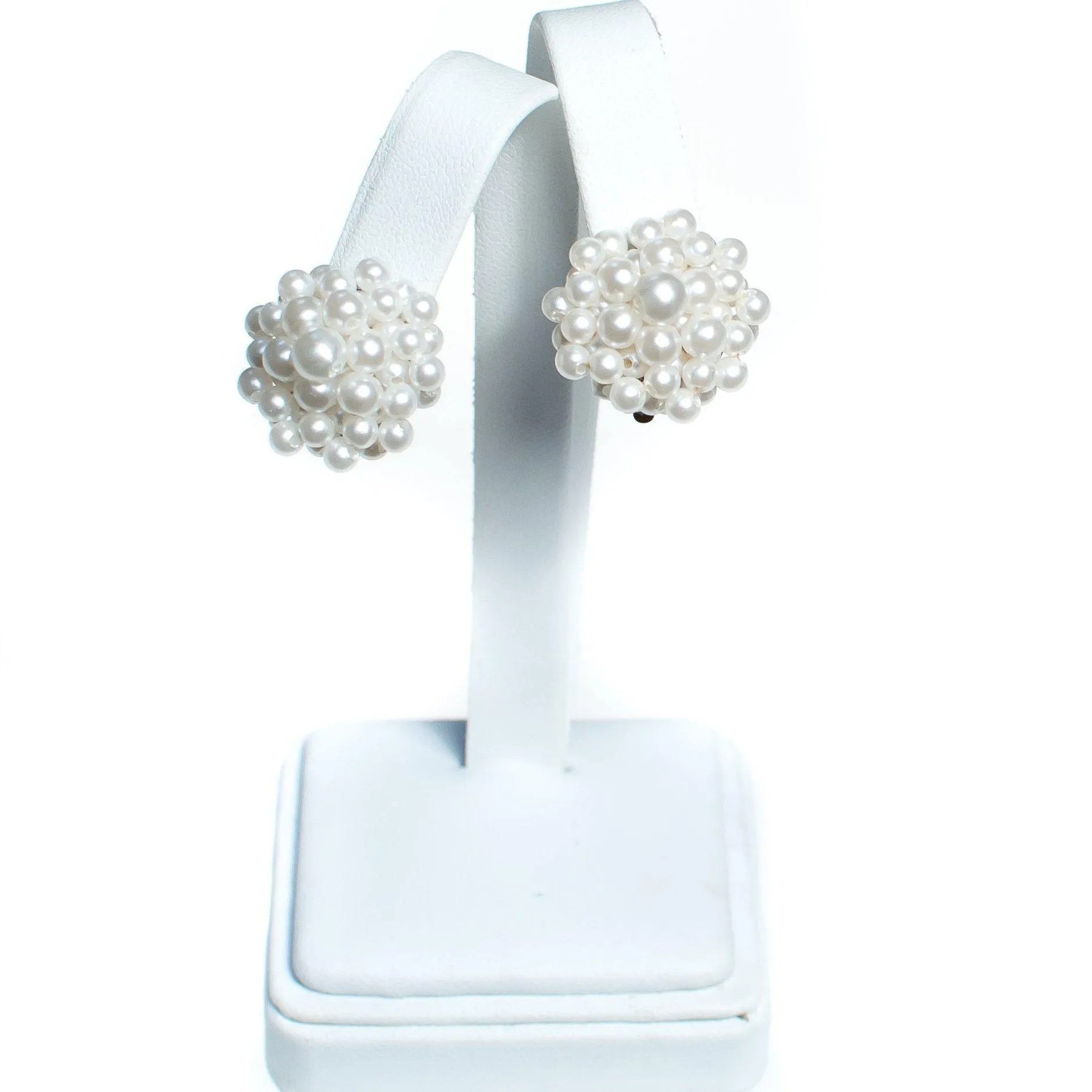 Vintage 1950s Made in Japan White Seed Pearl Cluster Earrings, Faux Pearls, Clip-on