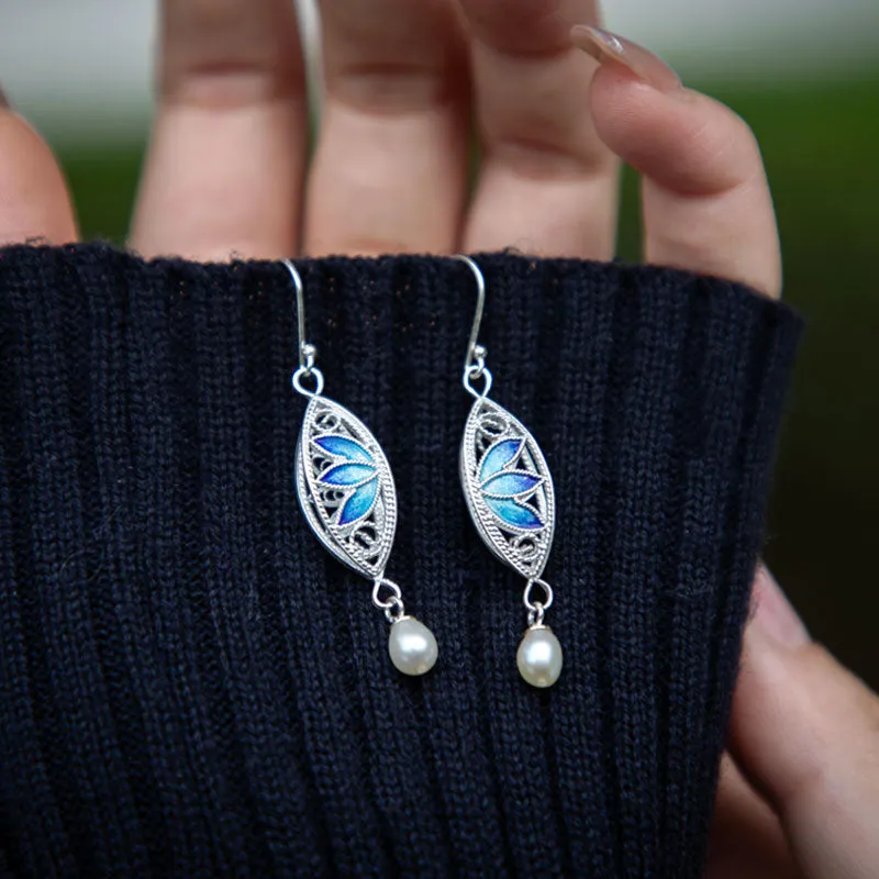Vintage Cloisonné Silver Filigree Lotus Drop Earrings with Pearl