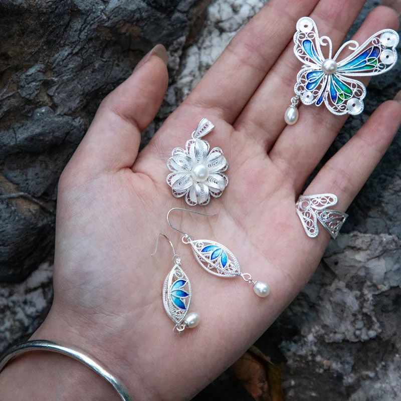 Vintage Cloisonné Silver Filigree Lotus Drop Earrings with Pearl