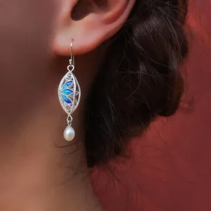 Vintage Cloisonné Silver Filigree Lotus Drop Earrings with Pearl