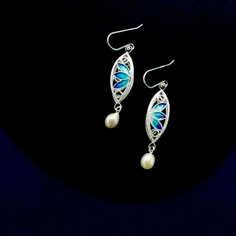 Vintage Cloisonné Silver Filigree Lotus Drop Earrings with Pearl