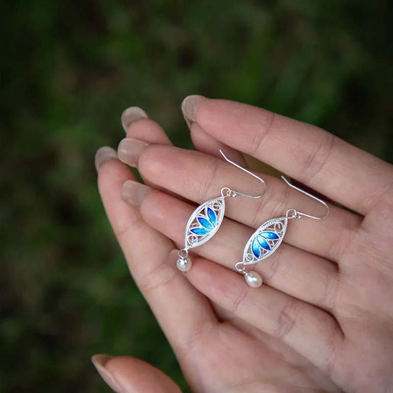 Vintage Cloisonné Silver Filigree Lotus Drop Earrings with Pearl