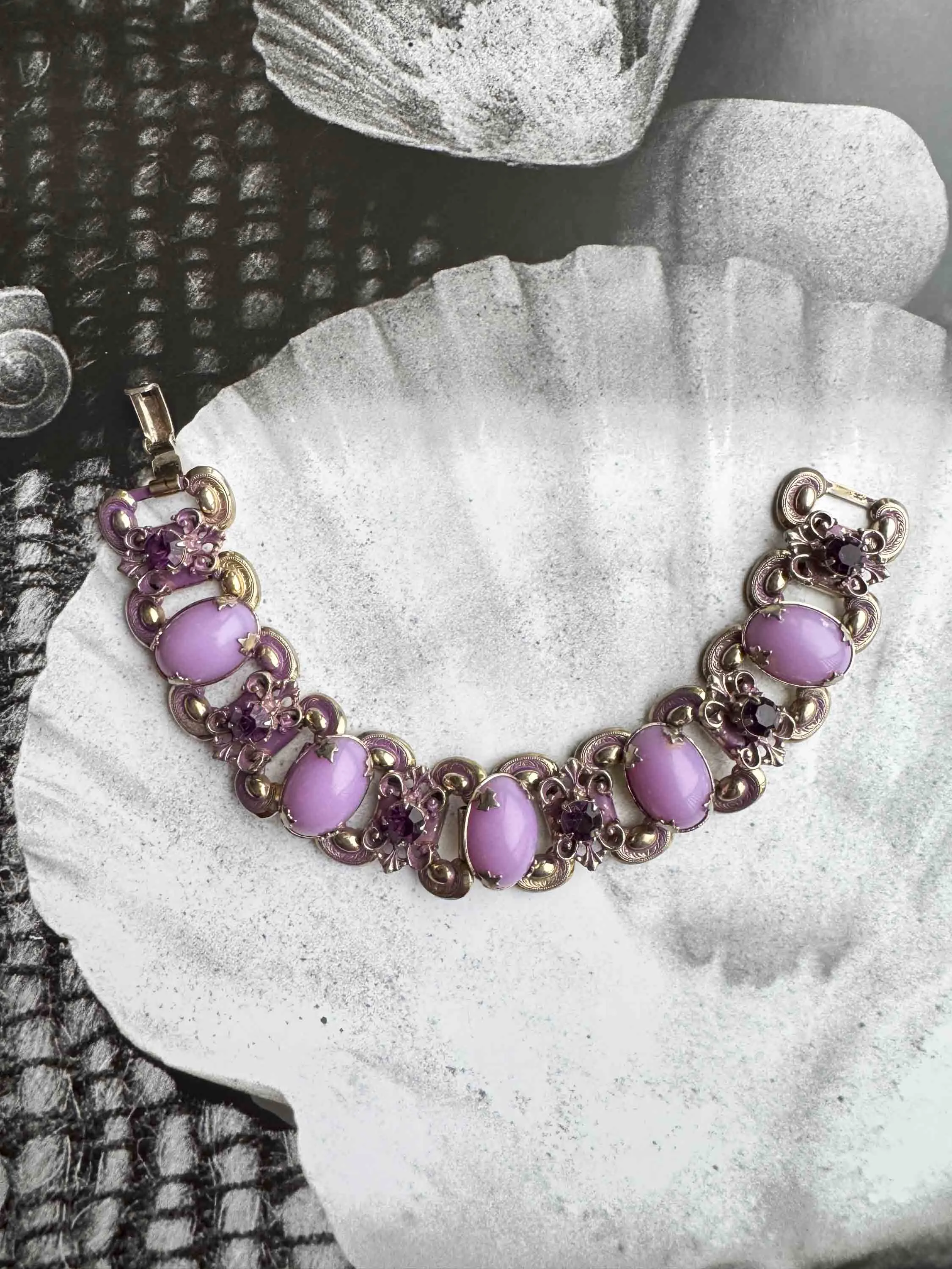 Vintage Lavender Enamel & Amethyst Rhinestone Bracelet