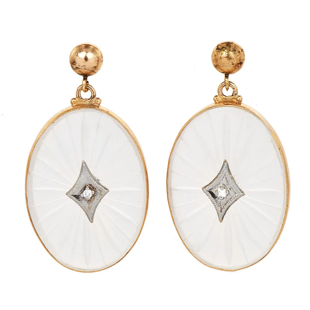 Vintage Rock Crystal and Diamond Earrings in Gold, Made in the Style of Camphor Glass