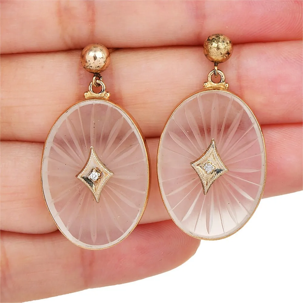 Vintage Rock Crystal and Diamond Earrings in Gold, Made in the Style of Camphor Glass