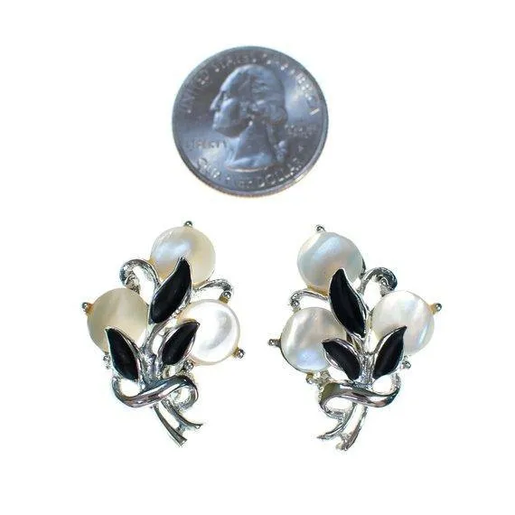 Vintage Silver Tone Flower Earrings, Mother of Pearl Discs, Black Painted Leaves, Screw Back