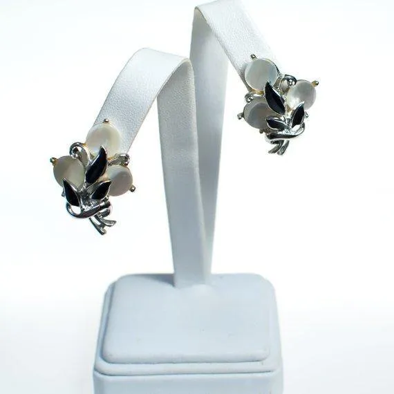 Vintage Silver Tone Flower Earrings, Mother of Pearl Discs, Black Painted Leaves, Screw Back