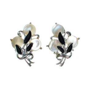 Vintage Silver Tone Flower Earrings, Mother of Pearl Discs, Black Painted Leaves, Screw Back