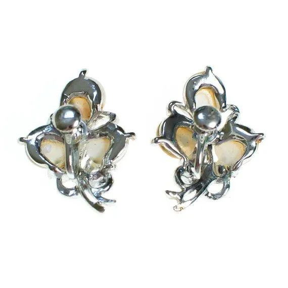 Vintage Silver Tone Flower Earrings, Mother of Pearl Discs, Black Painted Leaves, Screw Back