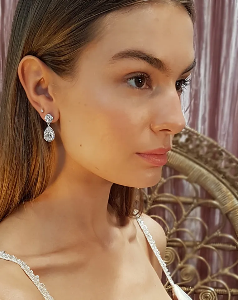 Wedding earrings - small pear drop with halo - Gabriela by Johnny B at Kezani