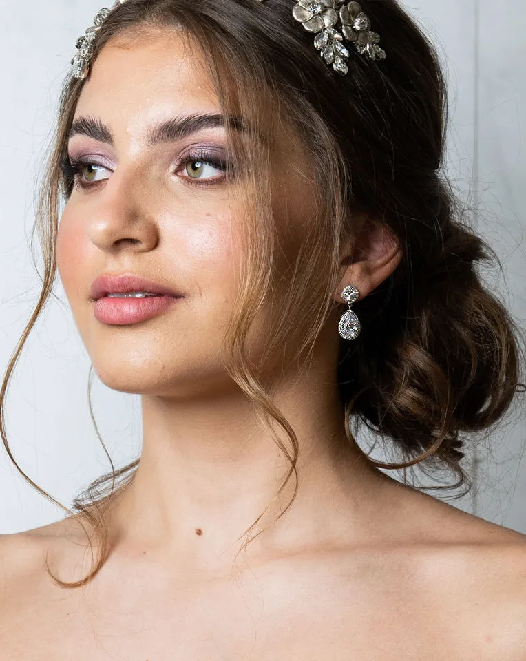 Wedding earrings - small pear drop with halo - Gabriela by Johnny B at Kezani