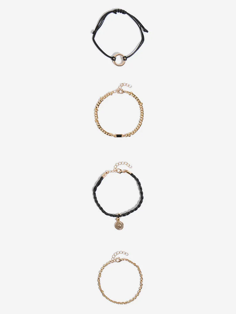 Westside Accessories Black & Gold Charms Bracelet Set - Pack of 4