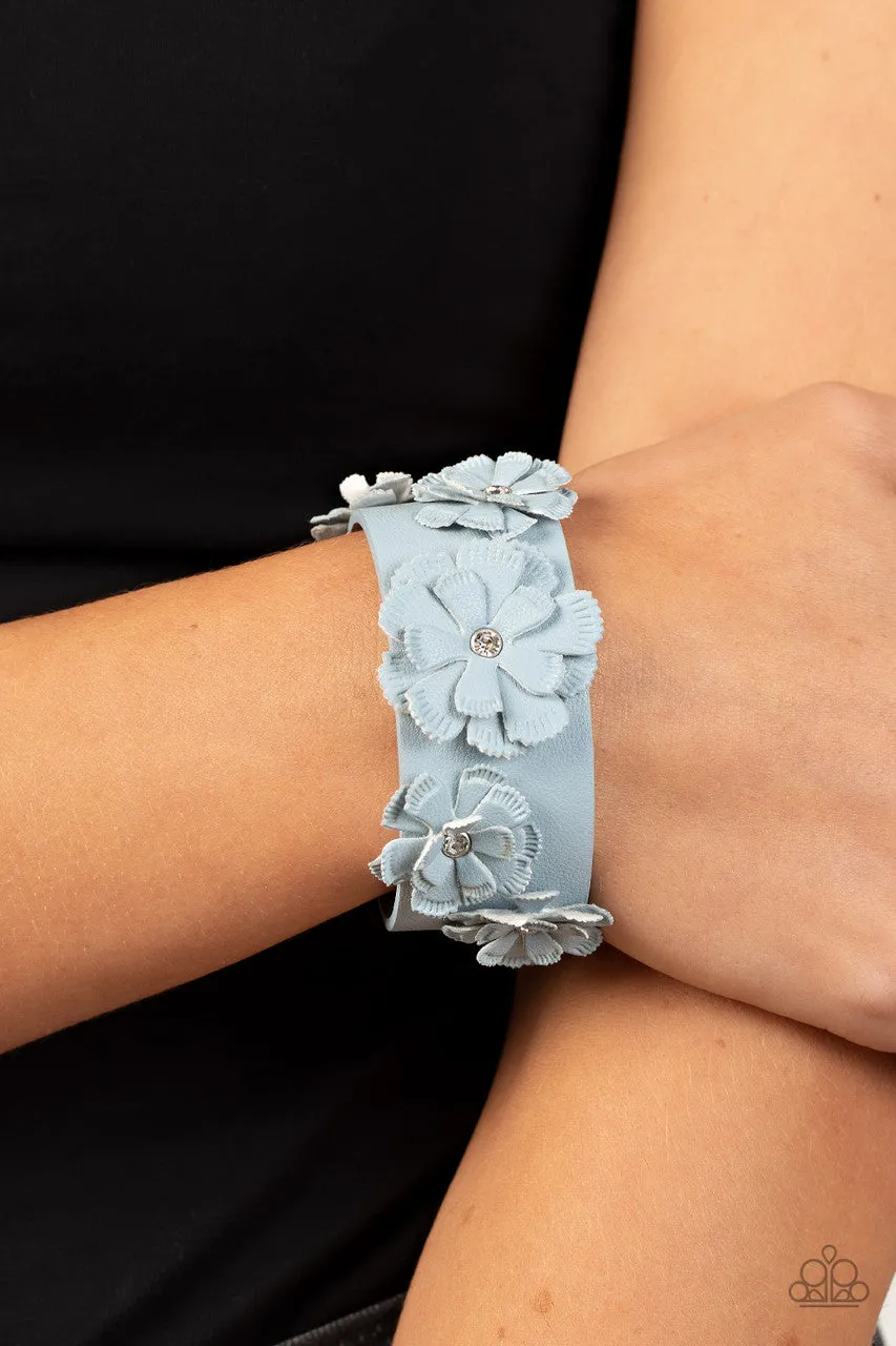What Do You Pro-POSIES? - Blue - Leather Flower White Rhinestone Paparazzi Wrap Bracelet