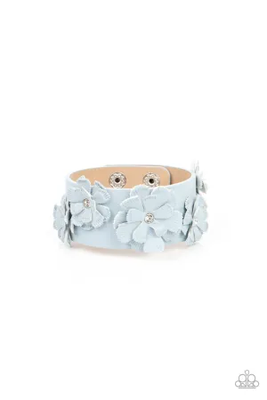 What Do You Pro-POSIES? - Blue - Leather Flower White Rhinestone Paparazzi Wrap Bracelet