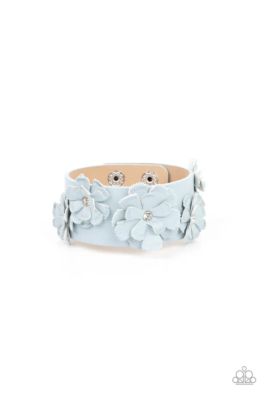 What Do You Pro-POSIES? - Blue - Leather Flower White Rhinestone Paparazzi Wrap Bracelet