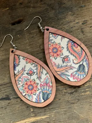 White and Coral Floral Cork Wood Teardrop Earrings