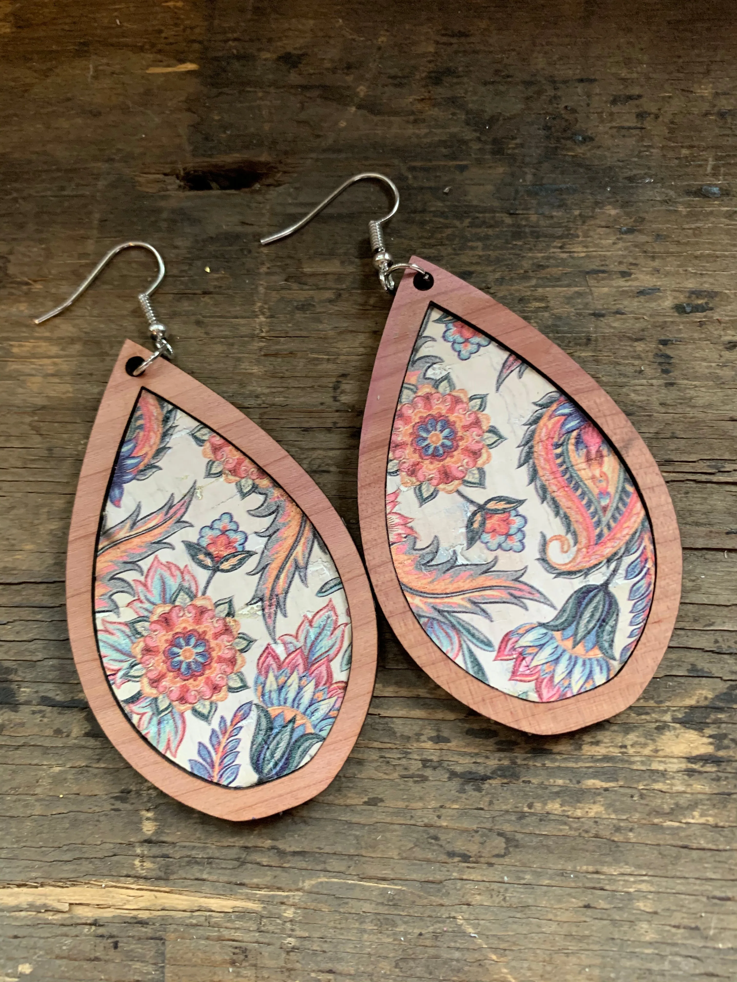 White and Coral Floral Cork Wood Teardrop Earrings