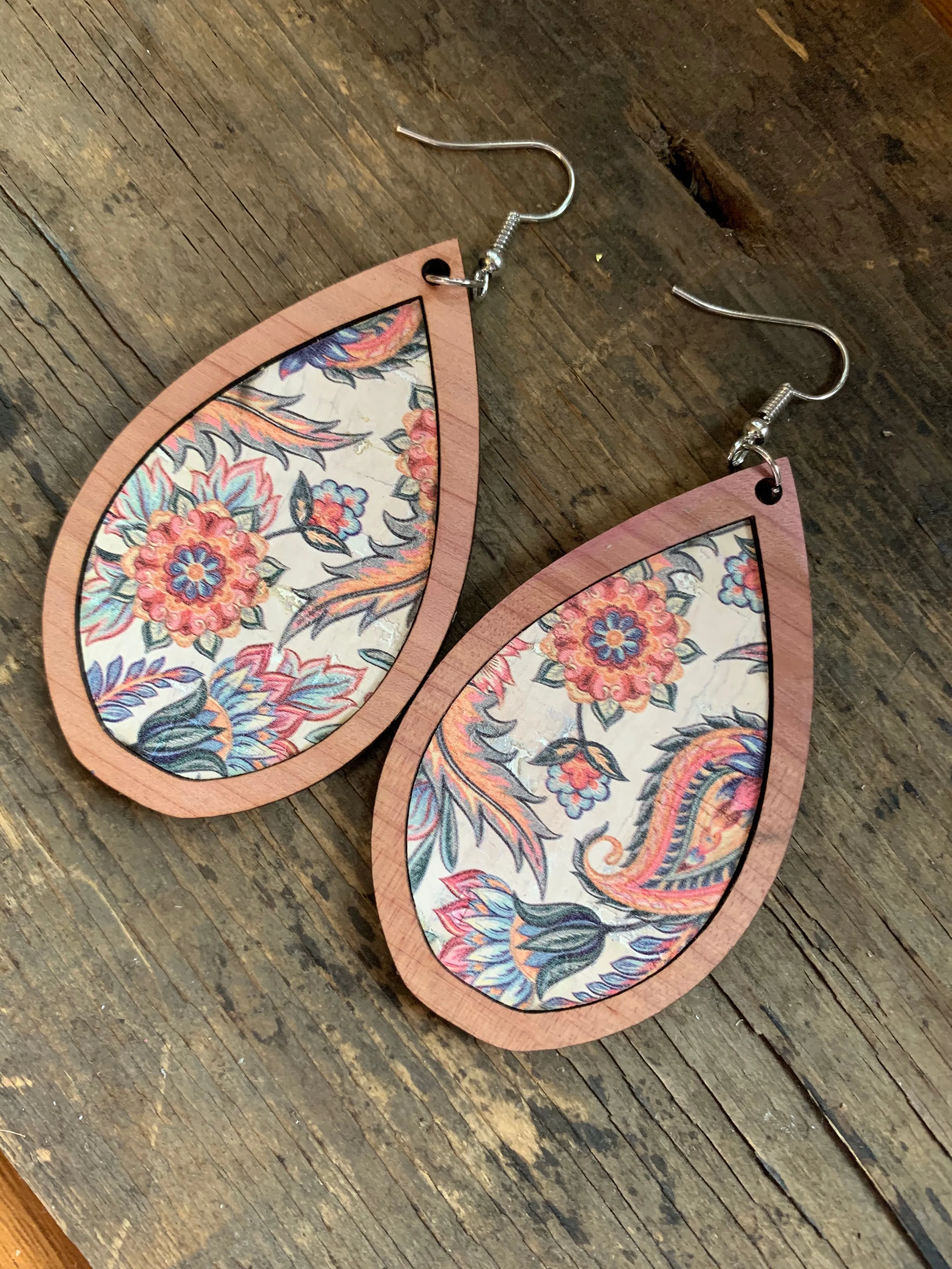 White and Coral Floral Cork Wood Teardrop Earrings
