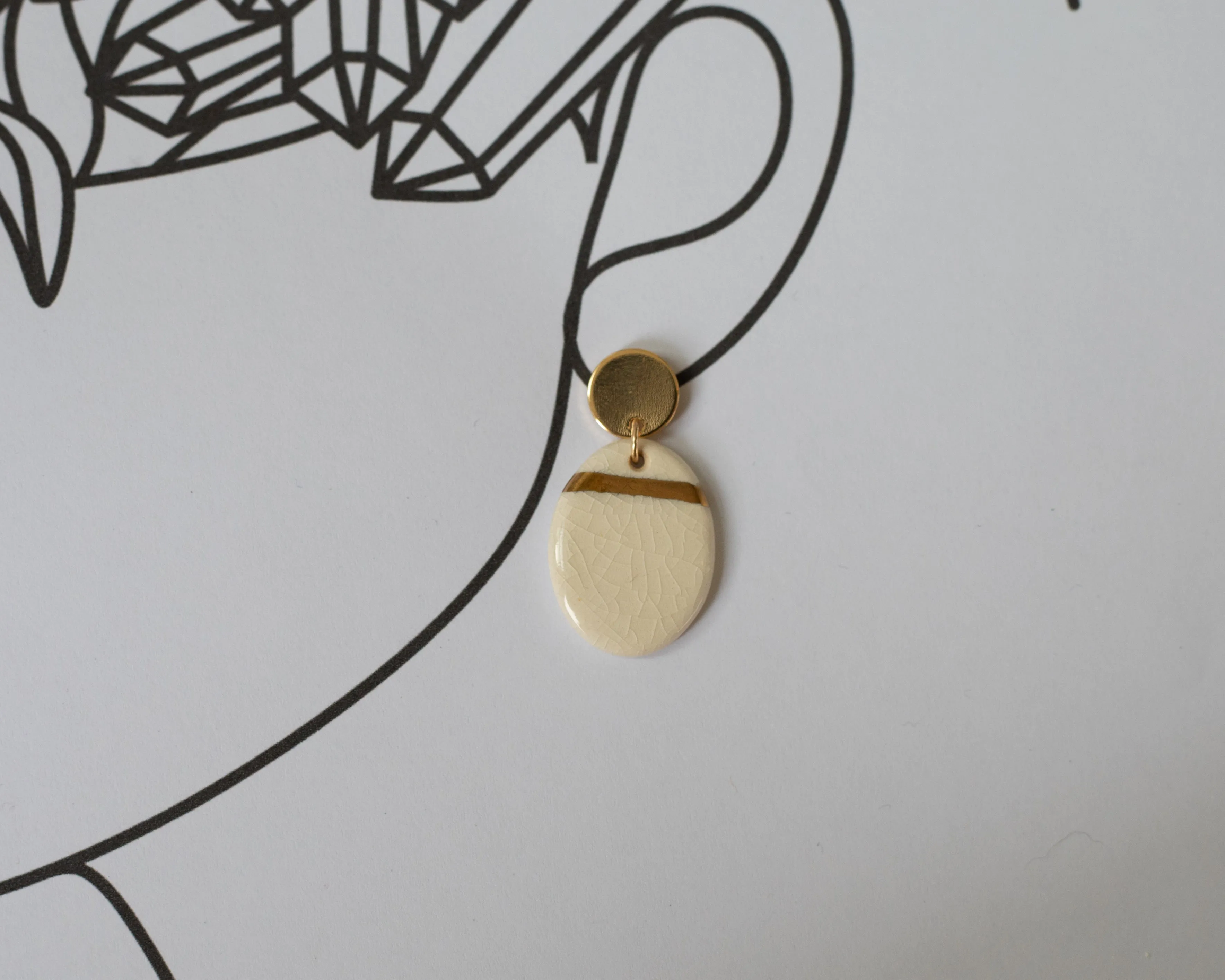 White and Gold Porcelain Oval Drop Earrings