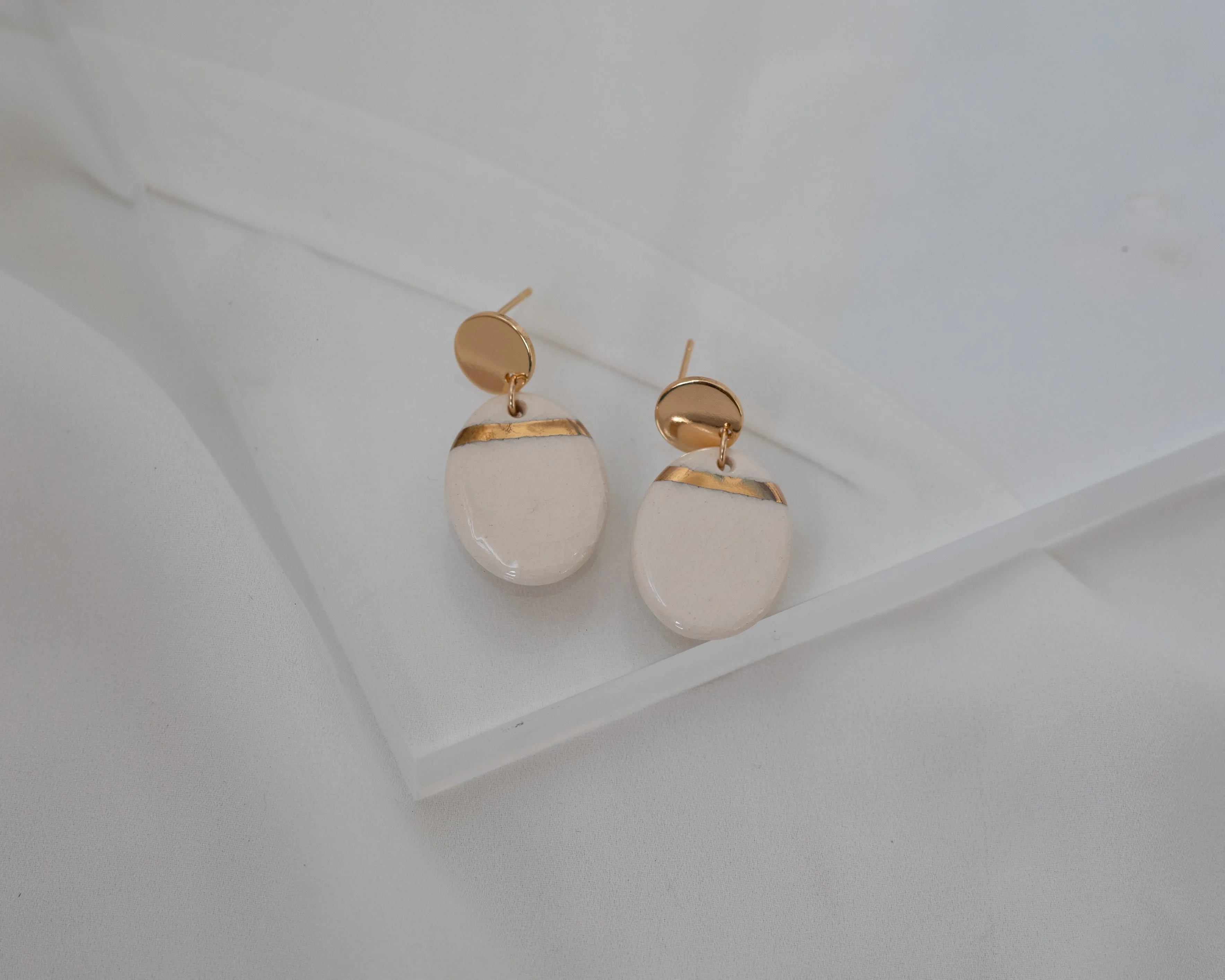 White and Gold Porcelain Oval Drop Earrings