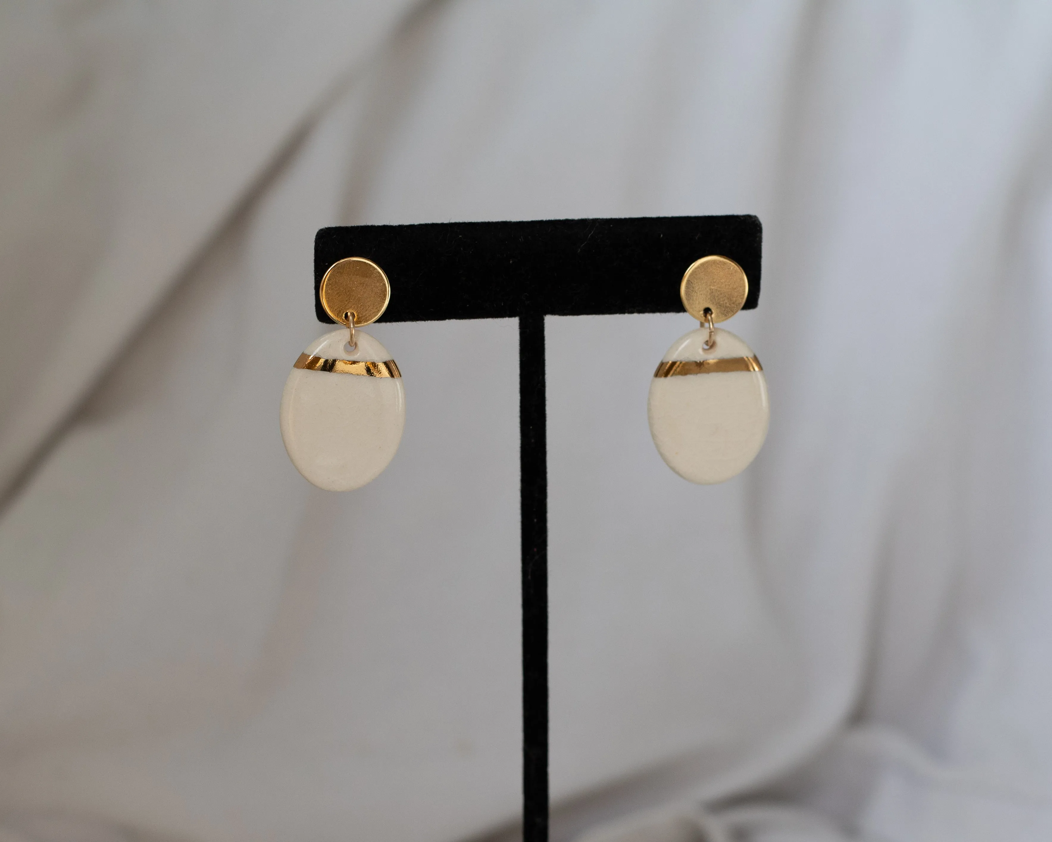White and Gold Porcelain Oval Drop Earrings