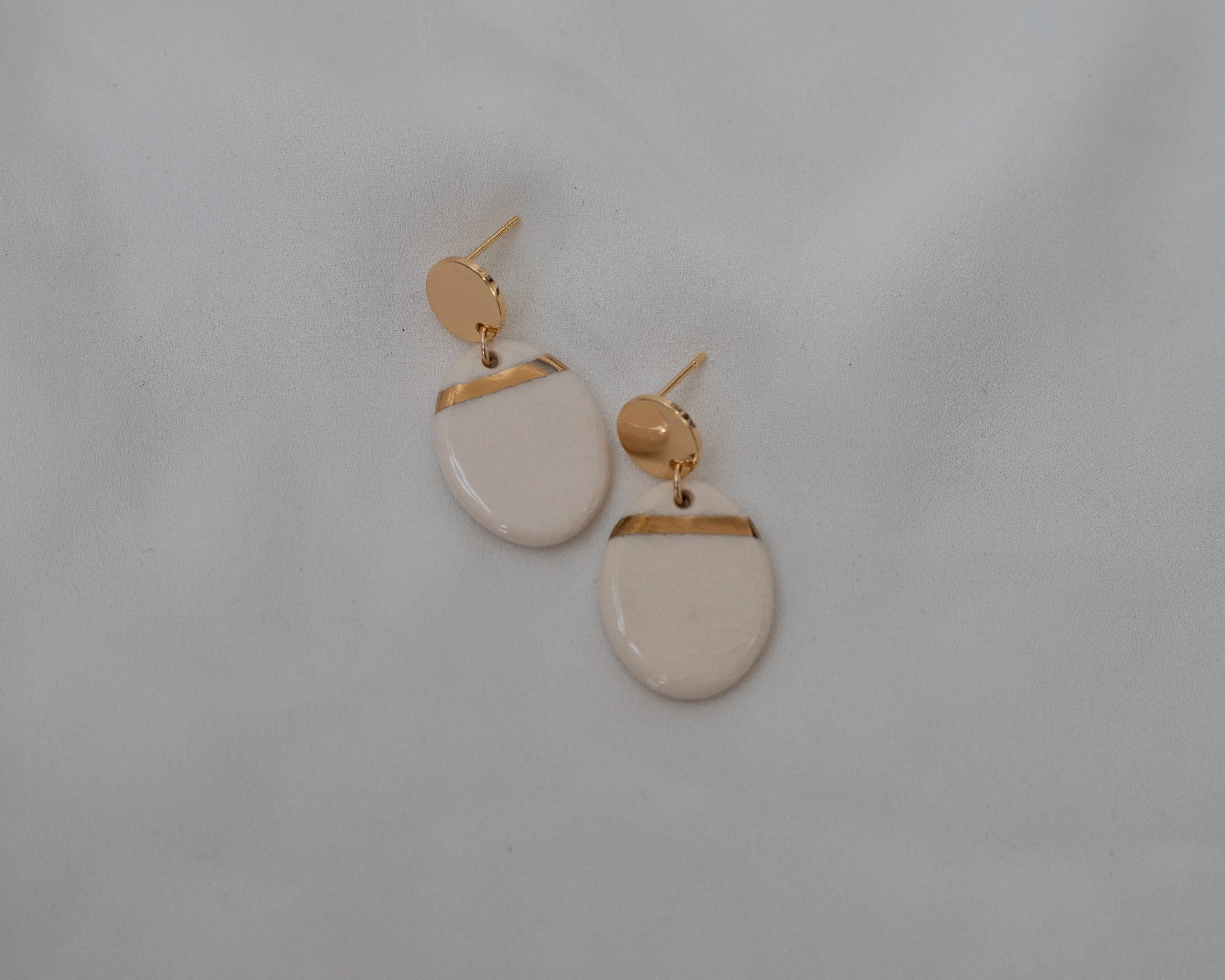 White and Gold Porcelain Oval Drop Earrings