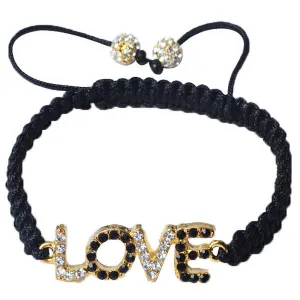 White Black CZ Yellow Gold-Tone Adjustable Beaded Love Charm Bracelet