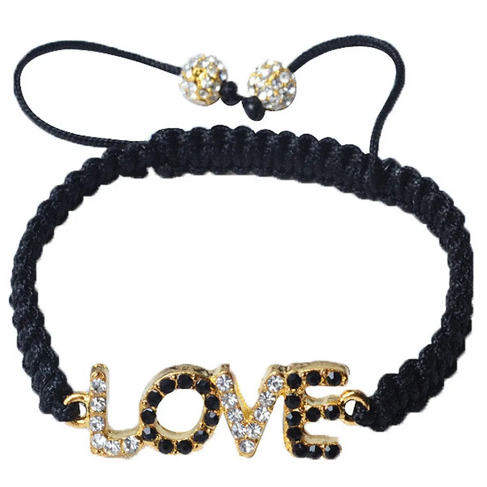 White Black CZ Yellow Gold-Tone Adjustable Beaded Love Charm Bracelet