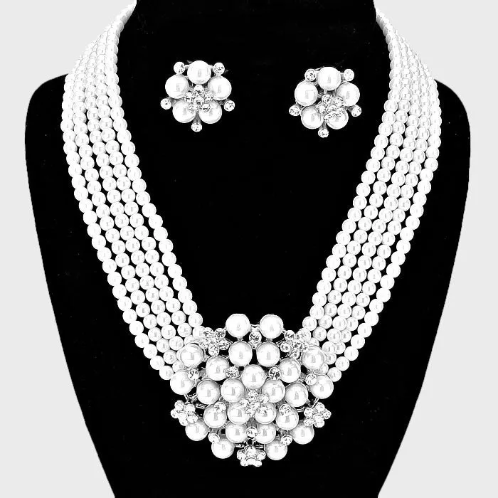 White Pearl Cluster Bridal Necklace with Clip On Earrings  | 102781