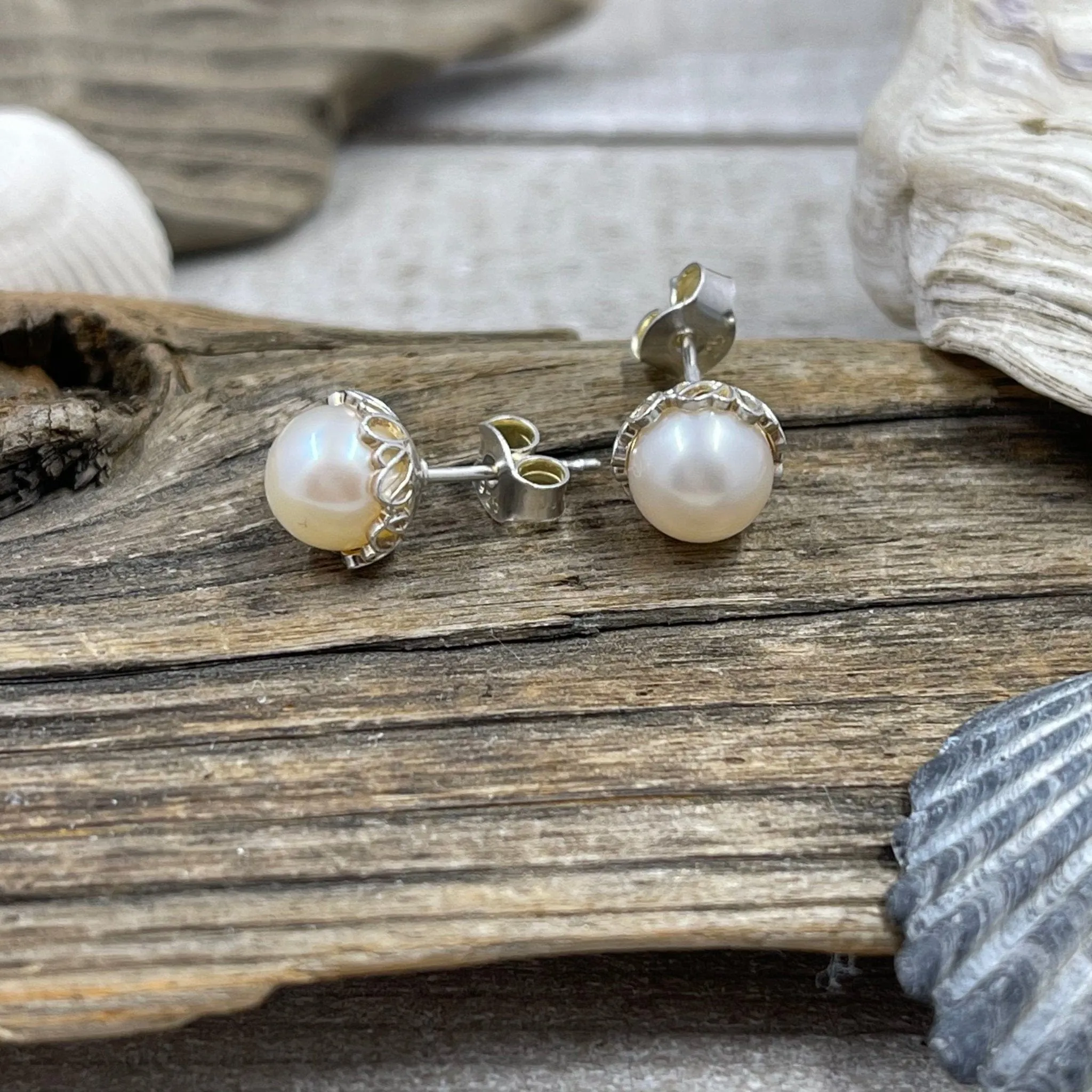 White Round Freshwater Cultured Pearl Earrings