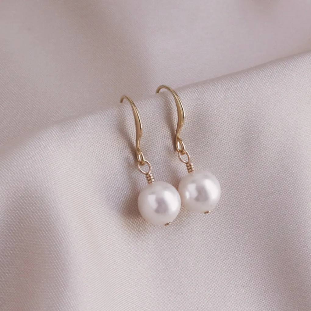 White Round Pearl & Gold Earrings