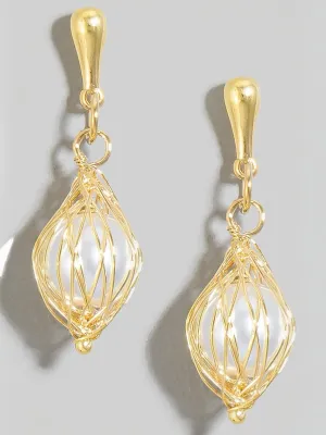 Wire Cage Pearl Bead Charm Dangle Earrings