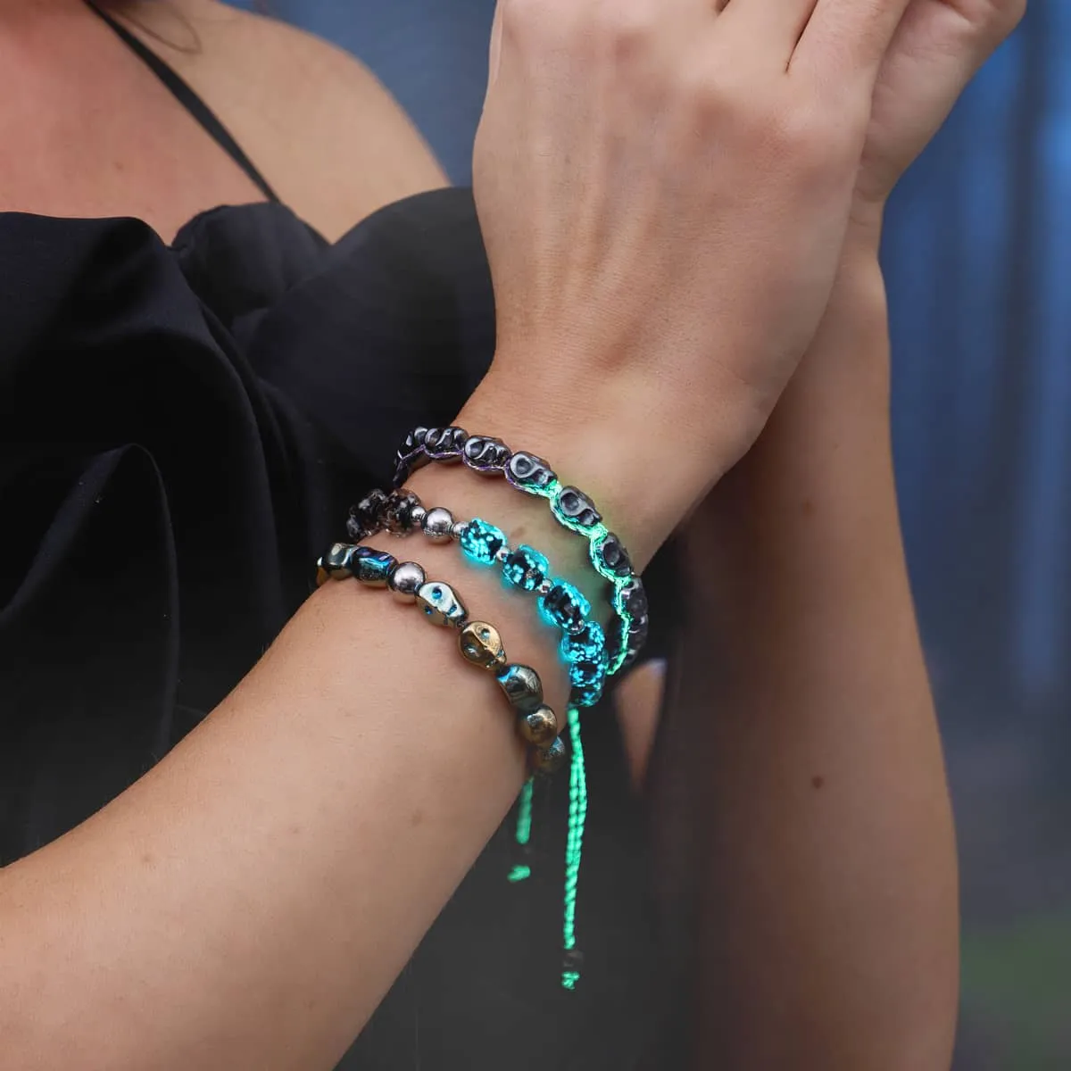 Witching Hour | Gunmetal Skulls x Violet GloWeave | Macrame Bracelet