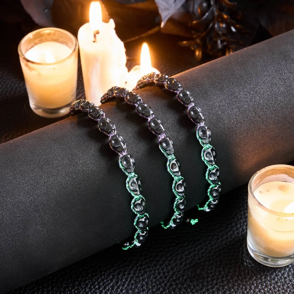 Witching Hour | Gunmetal Skulls x Violet GloWeave | Macrame Bracelet