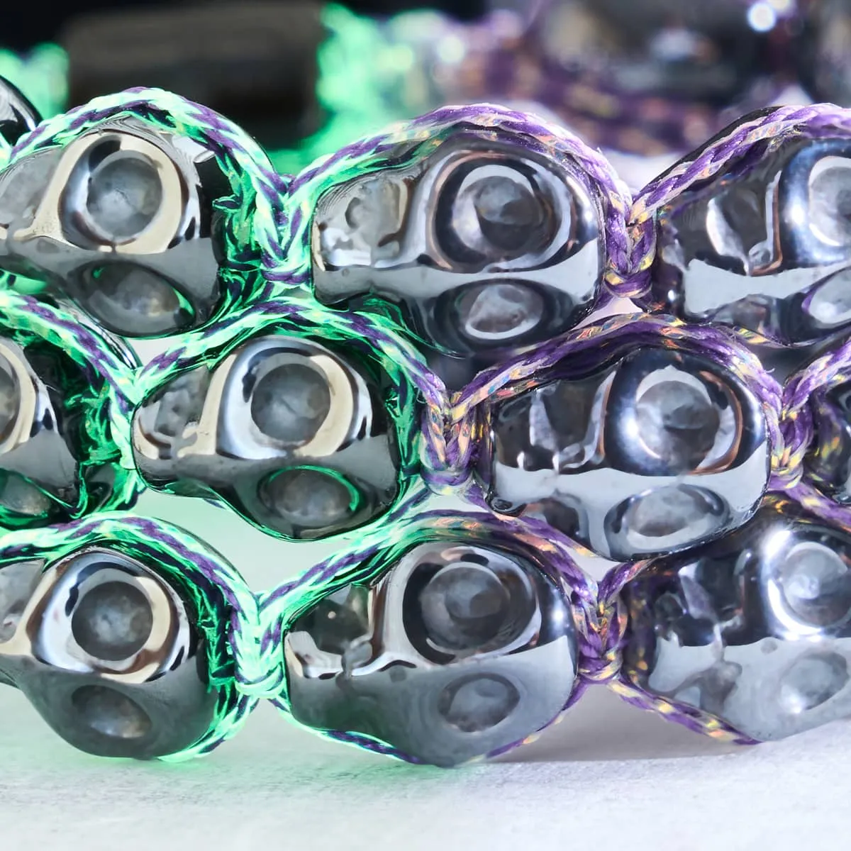 Witching Hour | Gunmetal Skulls x Violet GloWeave | Macrame Bracelet