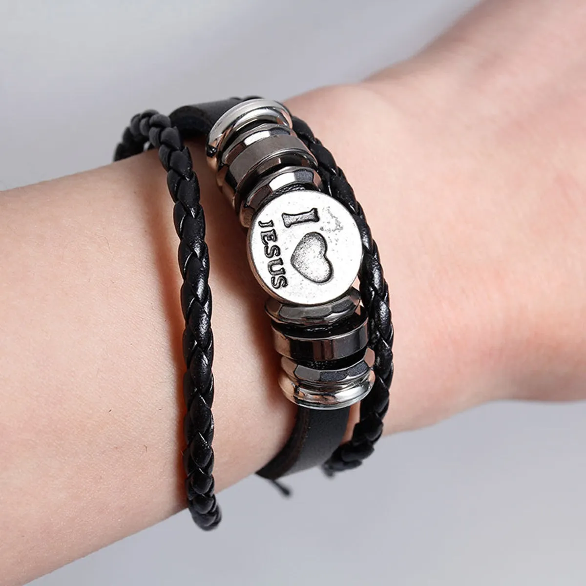 Women and Men's Real Leather Multilayer Bracelets Black Cord " I Love Jesus " Carved Metal Multicolor