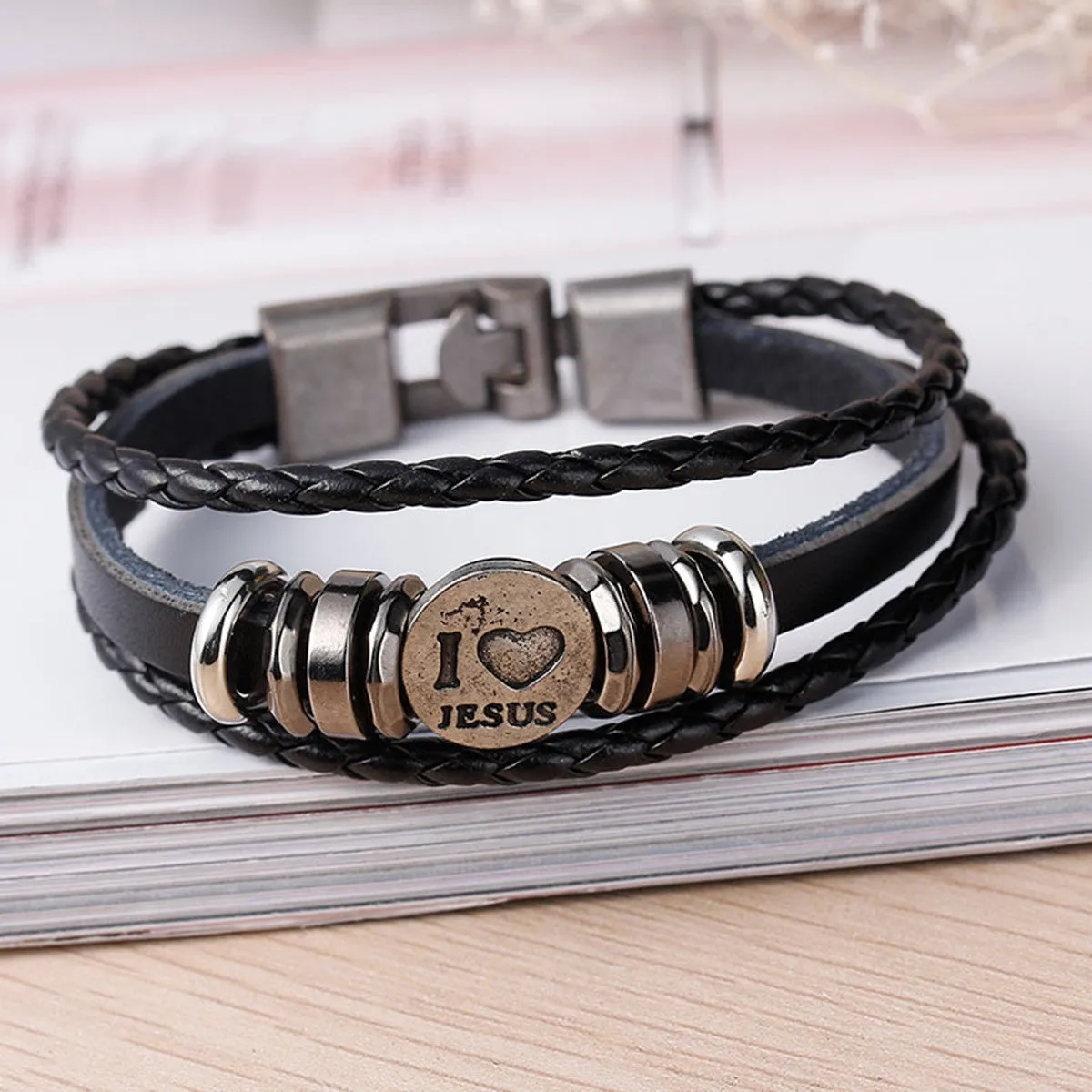 Women and Men's Real Leather Multilayer Bracelets Black Cord " I Love Jesus " Carved Metal Multicolor