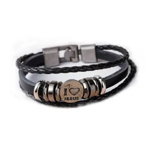Women and Men's Real Leather Multilayer Bracelets Black Cord " I Love Jesus " Carved Metal Multicolor
