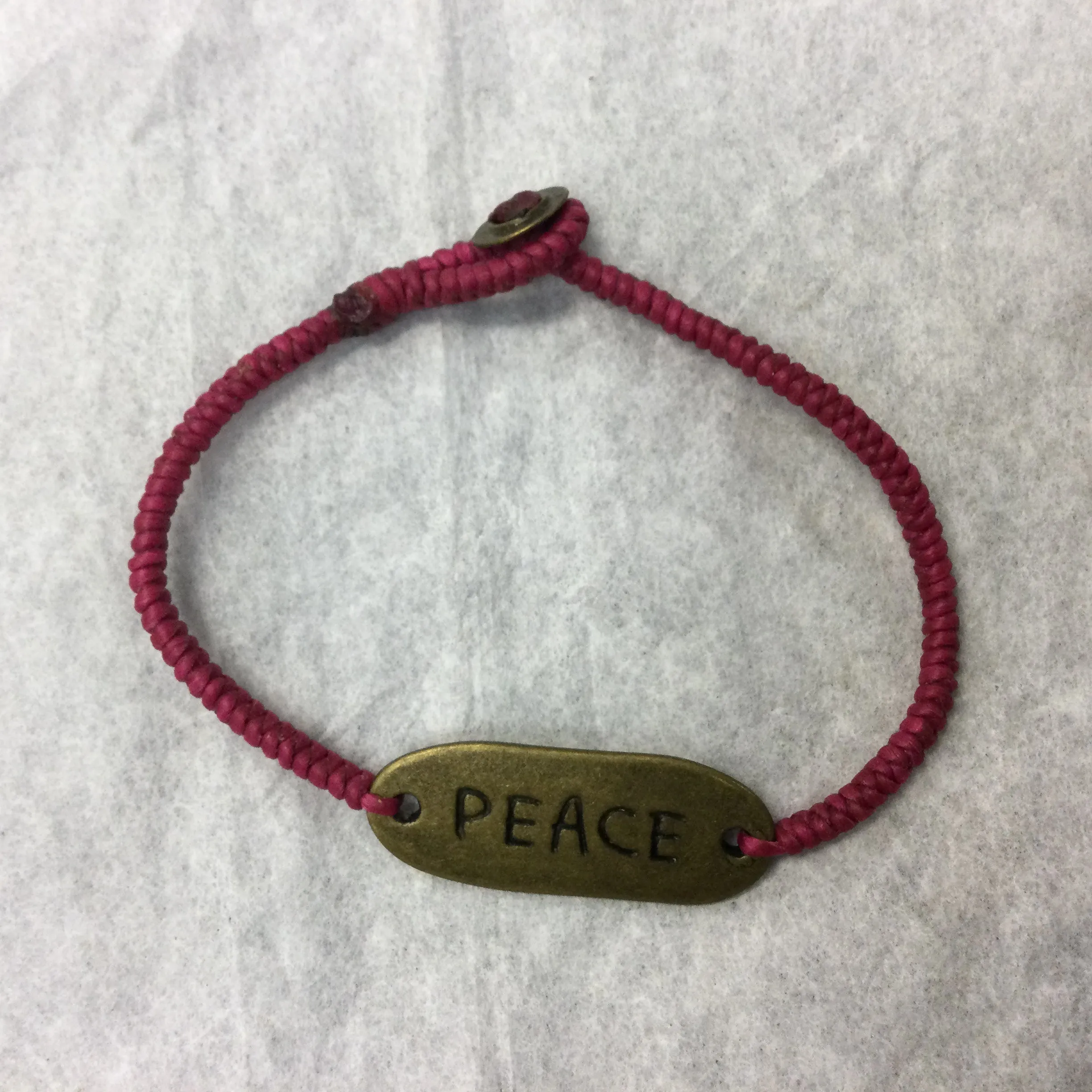 Woven Wax Cord Bracelet with Brass Peace Plaque
